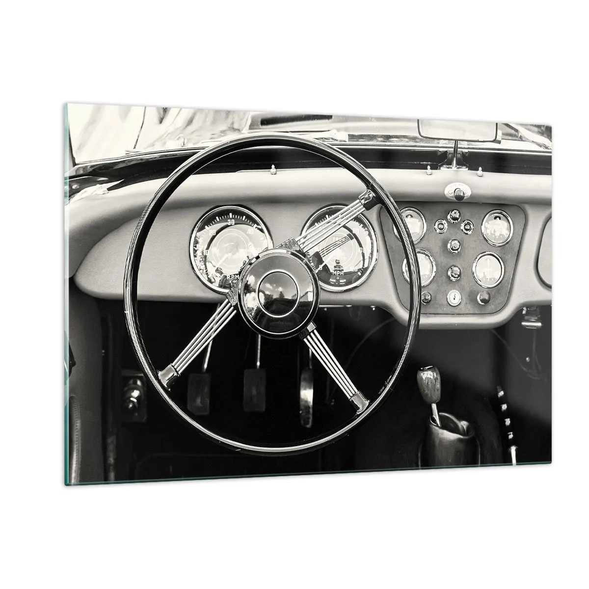 Obraz na szkle - Kierownica i zegary klasycznego samochodu w sepii - 120x80cm - Marzenie kolekcjonera - Nowoczesna dekoracja ścienna do salonu, kuchni i sypialni ARTTOR