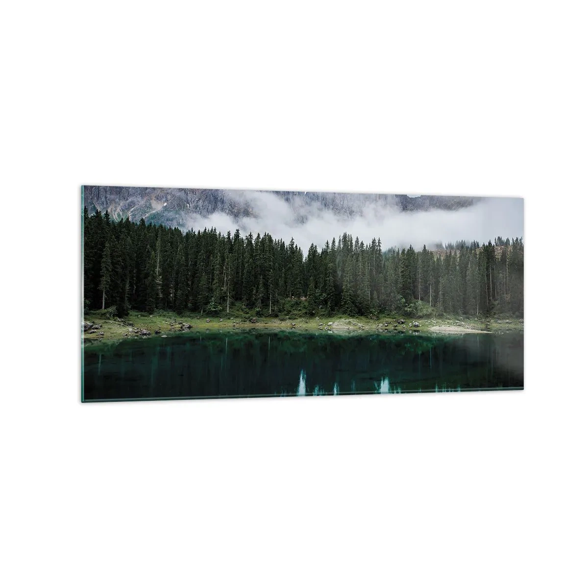 Obraz na szkle - Górski krajobraz z lasem i jeziorem odbijającym niebo - 120x50cm - Cicho, cicho, nie budźmy wody spiącej… - Nowoczesna dekoracja ścienna do salonu i sypialni ARTTOR