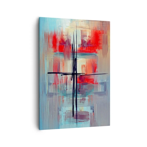 Obraz na płótnie - Abstrakcyjna kompozycja z dynamicznymi pociągnięciami pędzla w czerwieni i błękicie - 50x70cm - Pejzaż w nieznanym wymiarze - Nowoczesna dekoracja ścienna do salonu, kuchni i sypialni ARTTOR
