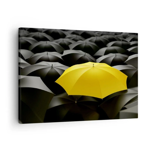 Obraz na płótnie - Żółty parasol wśród czarnych parasoli - 70x50cm - Żegnaj smutku - Nowoczesna dekoracja ścienna do salonu i sypialni ARTTOR