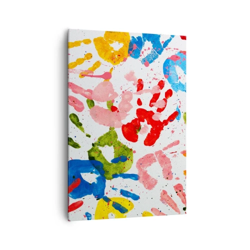 Obraz na płótnie - Kolorowe odciski dłoni na białym tle - 70x100cm - Idź po śladach - Nowoczesna dekoracja ścienna do salonu i sypialni ARTTOR