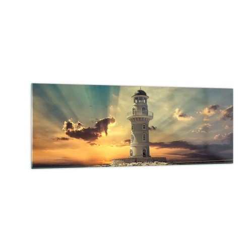 Obraz na szkle - Latarnia morska o zachodzie słońca na tle nieba - 140x50cm - Światło - Dobro - Piękno - Nowoczesna dekoracja ścienna do salonu i sypialni ARTTOR