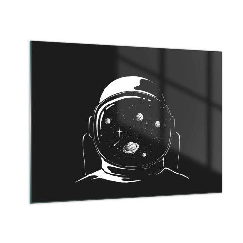 Obraz na szkle - Astronauta z gwiazdami i planetami w hełmie na czarnym tle - 70x50cm - Niezły widok - Nowoczesna dekoracja ścienna do salonu i sypialni ARTTOR