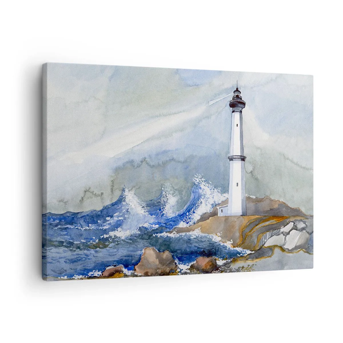 Obraz na płótnie - Latarnia morska na skalistym brzegu z wzburzonym morzem - 70x50cm - Przeciwko ciemności i nawałnicy - Nowoczesna dekoracja ścienna do salonu i sypialni ARTTOR