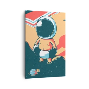 Obraz na płótnie - Zabawny astronauta na plaży z kosmicznymi elementami w tle - 80x120cm - Z innej perspektywy - Nowoczesna dekoracja ścienna do salonu i sypialni ARTTOR