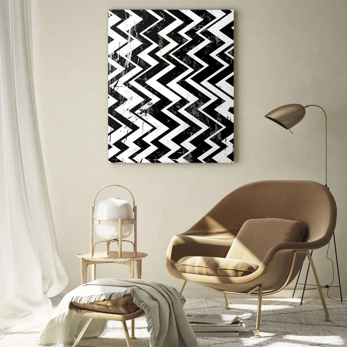 Obraz na szkle - Czarno-biały wzór zygzaków o dynamicznej kompozycji i teksturze - 50x70cm - Zyg-białe, zag-czarne - Nowoczesna dekoracja ścienna do salonu, kuchni i sypialni ARTTOR