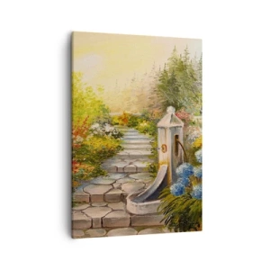 Obraz na płótnie - Malownicza ścieżka ogrodowa z fontanną wśród kwiatów - 50x70cm - W pełnym rozkwicie - Nowoczesna dekoracja ścienna do salonu, kuchni i sypialni ARTTOR