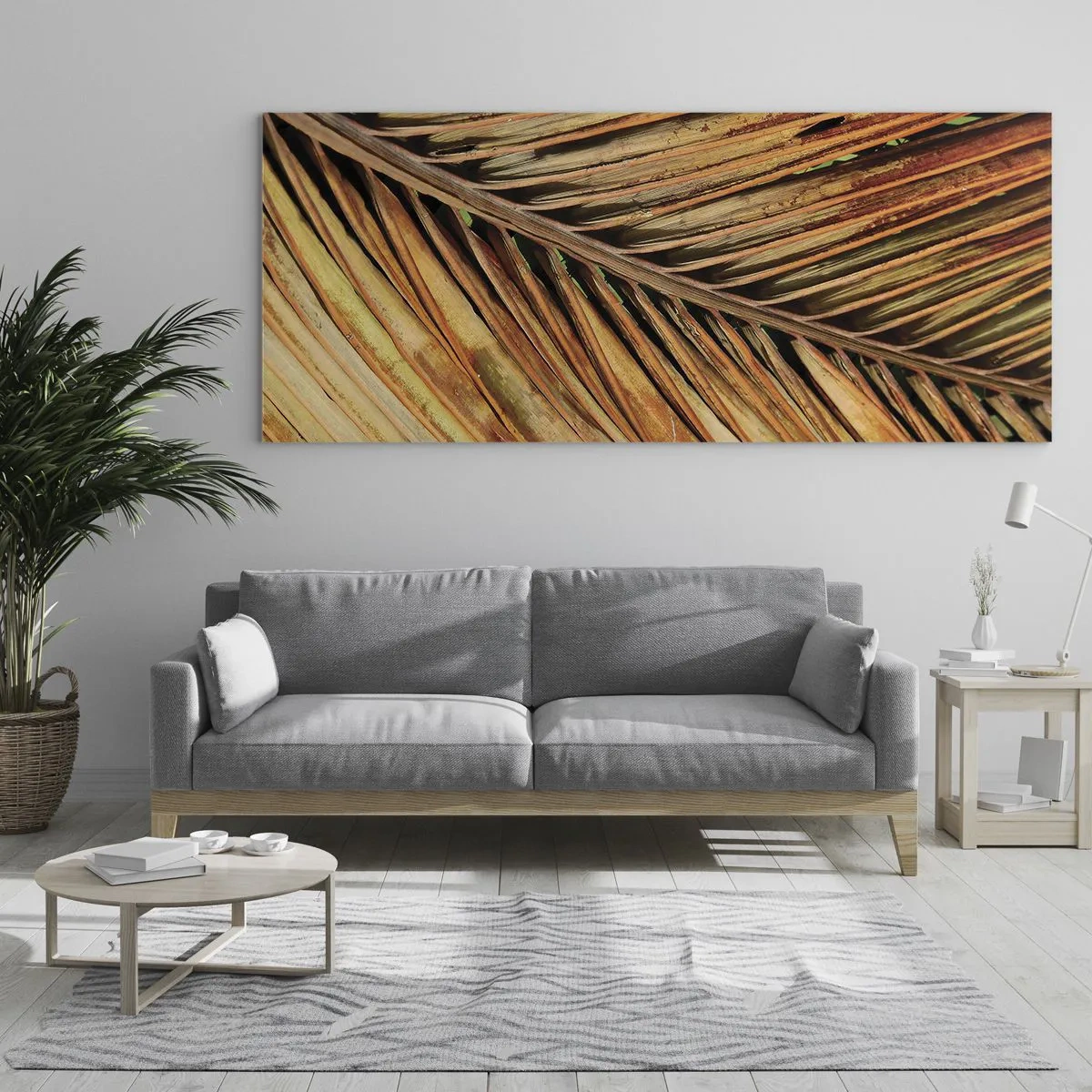 Obraz na szkle - Zbliżenie na suchy liść palmy w ciepłych odcieniach - 120x50cm - Kokosowe złoto - Nowoczesna dekoracja ścienna do salonu i sypialni ARTTOR