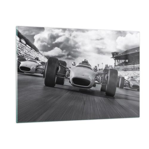 Obraz na szkle - Wyścig klasycznych samochodów na torze w czerni i bieli - 120x80cm - Jest moc! - Nowoczesna dekoracja ścienna do salonu, kuchni i sypialni ARTTOR