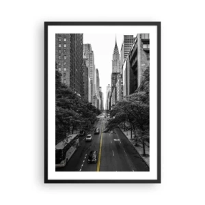 Plakat w czarnej ramie - Czarno-biała panorama miasta z żółtą linią na drodze - 50x70cm - Nowojorski poranek - Nowoczesna dekoracja ścienna do salonu i sypialni ARTTOR