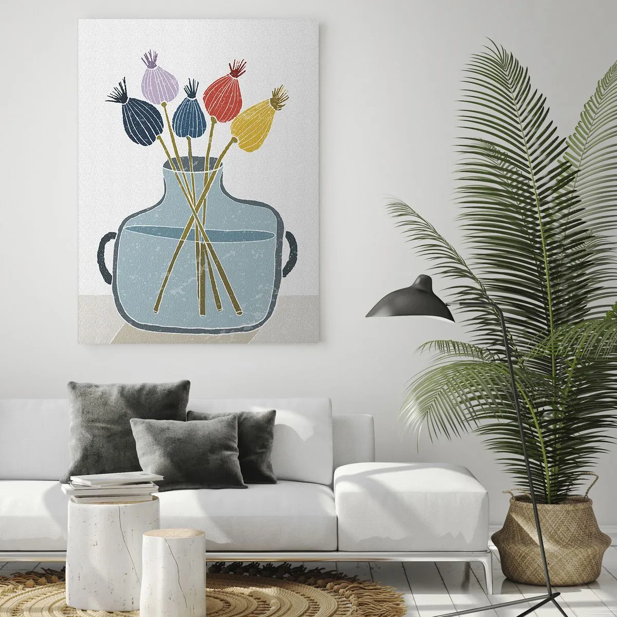 Obraz na szkle - Dekoracyjne makówki w dzbanku w graficznym stylu - 50x70cm - Jak makiem zasiał - Nowoczesna dekoracja ścienna do salonu, kuchni i sypialni ARTTOR