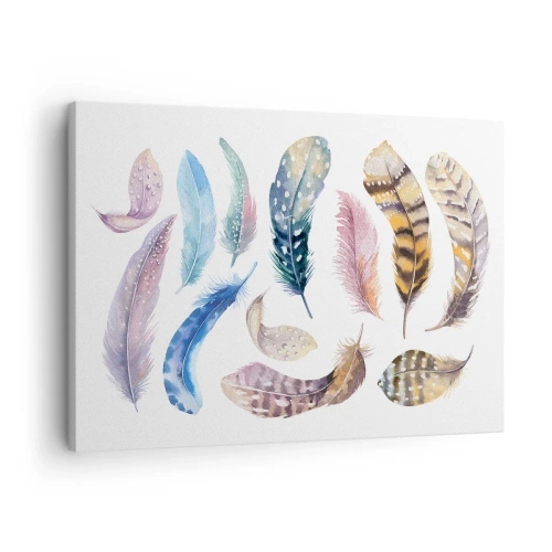 Obraz na płótnie - Kolorowe pióra w delikatnym akwarelowym stylu - 70x50cm - Lekkie, pstrokate i wielobarwne - Nowoczesna dekoracja ścienna do salonu i sypialni ARTTOR