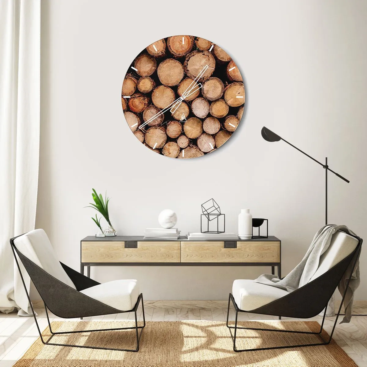 Zegar ścienny - Ścięte pnie drzew ułożone w naturalną kompozycję - 30x30cm - Nowy początek - Nowoczesna dekoracja ścienna do salonu, kuchni i sypialni ARTTOR