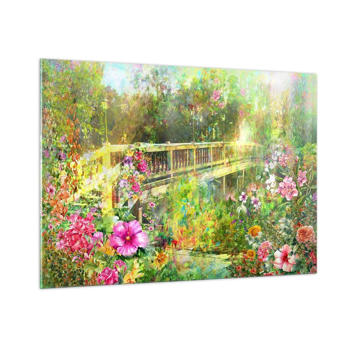 Obraz na szkle - Mostek otoczony bujną roślinnością i kolorowymi kwiatami - 100x70cm - Mostek wiosennych westchnień - Nowoczesna dekoracja ścienna do salonu, kuchni i sypialni ARTTOR