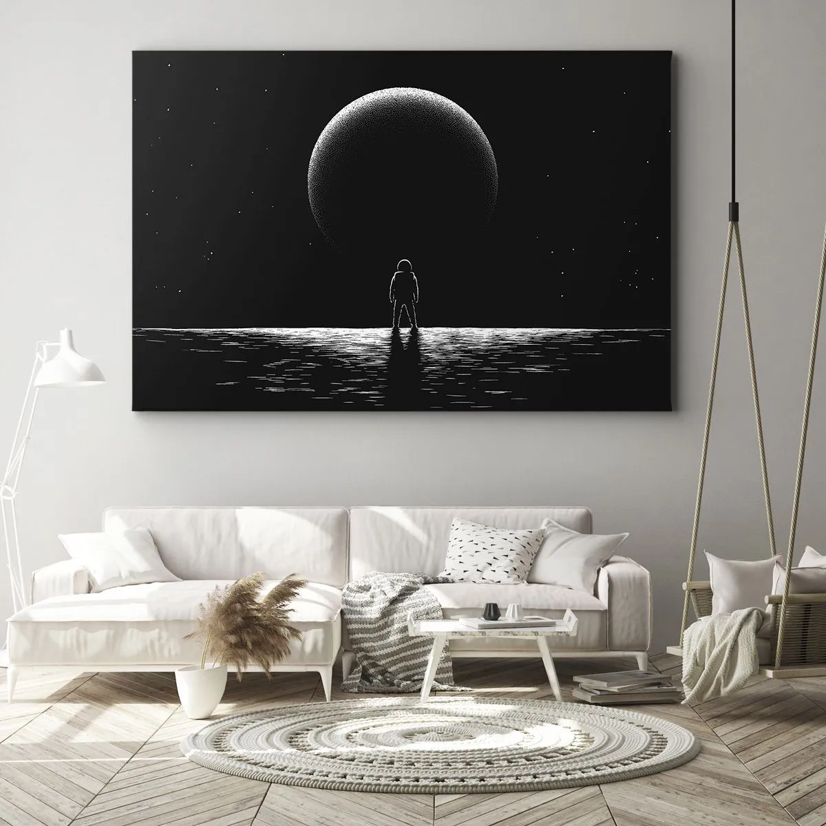 Obraz na płótnie - Astronauta na tle wielkiej planety w przestrzeni kosmicznej - 70x50cm - Twarzą w twarz - Nowoczesna dekoracja ścienna do salonu i sypialni ARTTOR