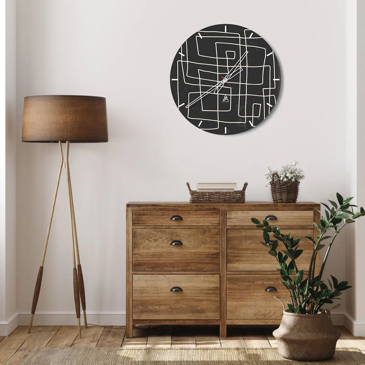Zegar ścienny - Białe geometryczne linie tworzące zawiłą siatkę na czarnym tle - 30x30cm - Nie taki prosty - Nowoczesna dekoracja ścienna do salonu, kuchni i sypialni ARTTOR