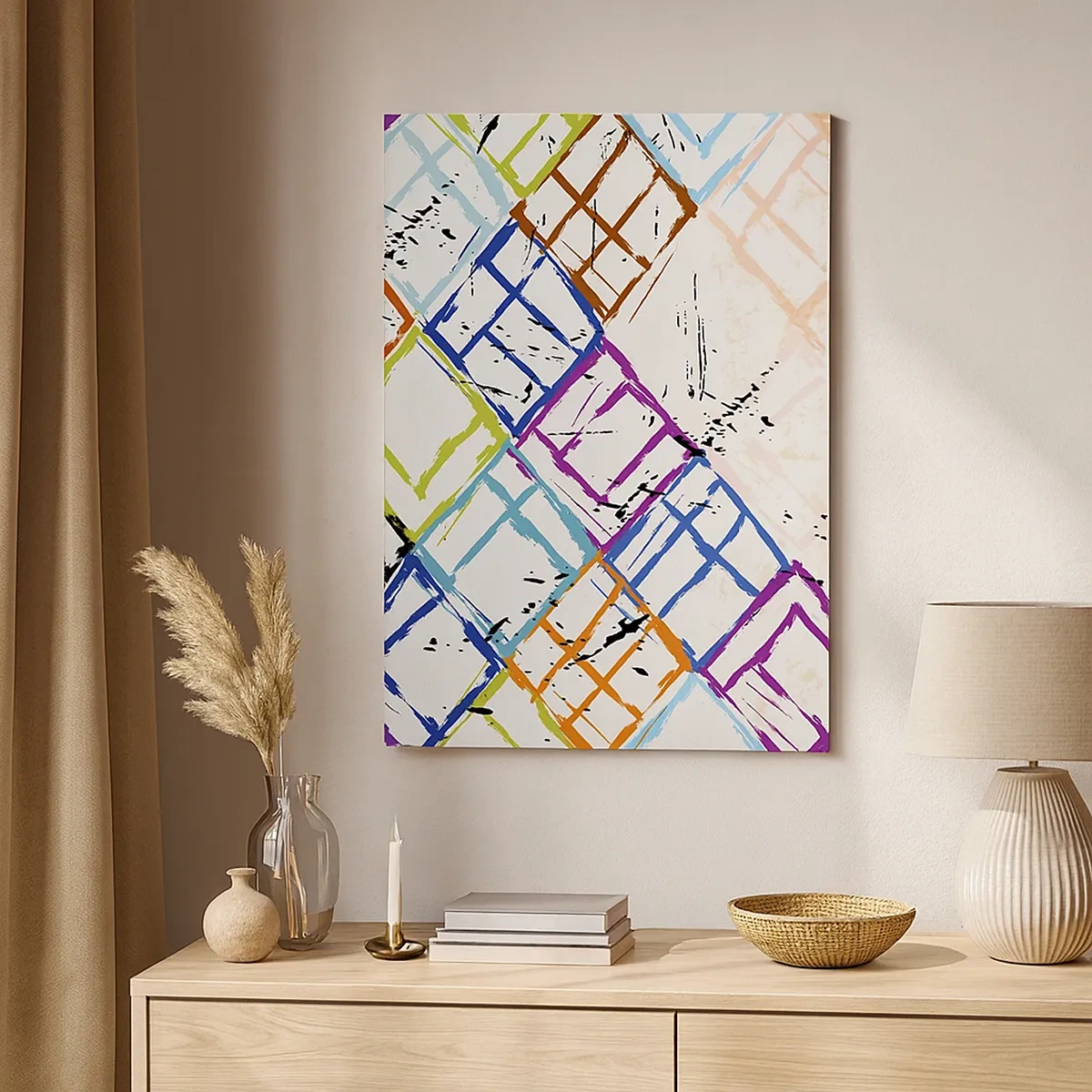 Obraz na płótnie - Abstrakcyjny wzór geometryczny w żywych kolorach - 50x70cm - Komórki do wynajęcia - Nowoczesna dekoracja ścienna do salonu, kuchni i sypialni ARTTOR