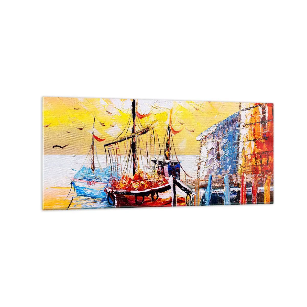 Obraz na szkle - Malowniczy port o zachodzie słońca z łodziami rybackimi - 120x50cm - Szczęśliwy powrót - Nowoczesna dekoracja ścienna do salonu i sypialni ARTTOR