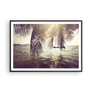 Plakat w czarnej ramie - Palma z huśtawką nad wodą w świetle słońca - 100x70cm - Można bujać w obłokach do woli - Nowoczesna dekoracja ścienna do salonu i sypialni ARTTOR