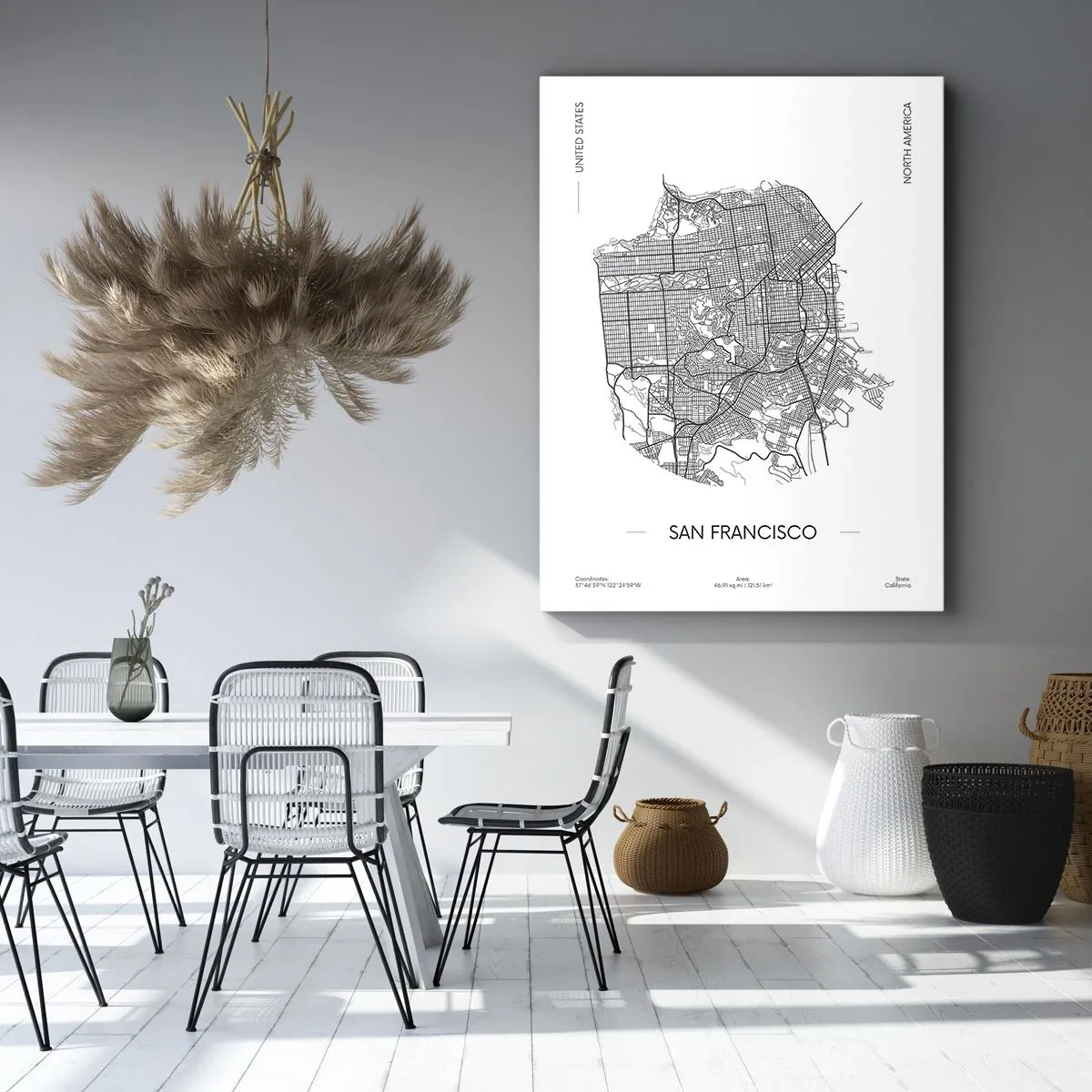 Obraz na płótnie - Mapa San Francisco w czarno-białym stylu minimalistycznym - 70x100cm - Anatomia San Francisco - Nowoczesna dekoracja ścienna do salonu i sypialni ARTTOR