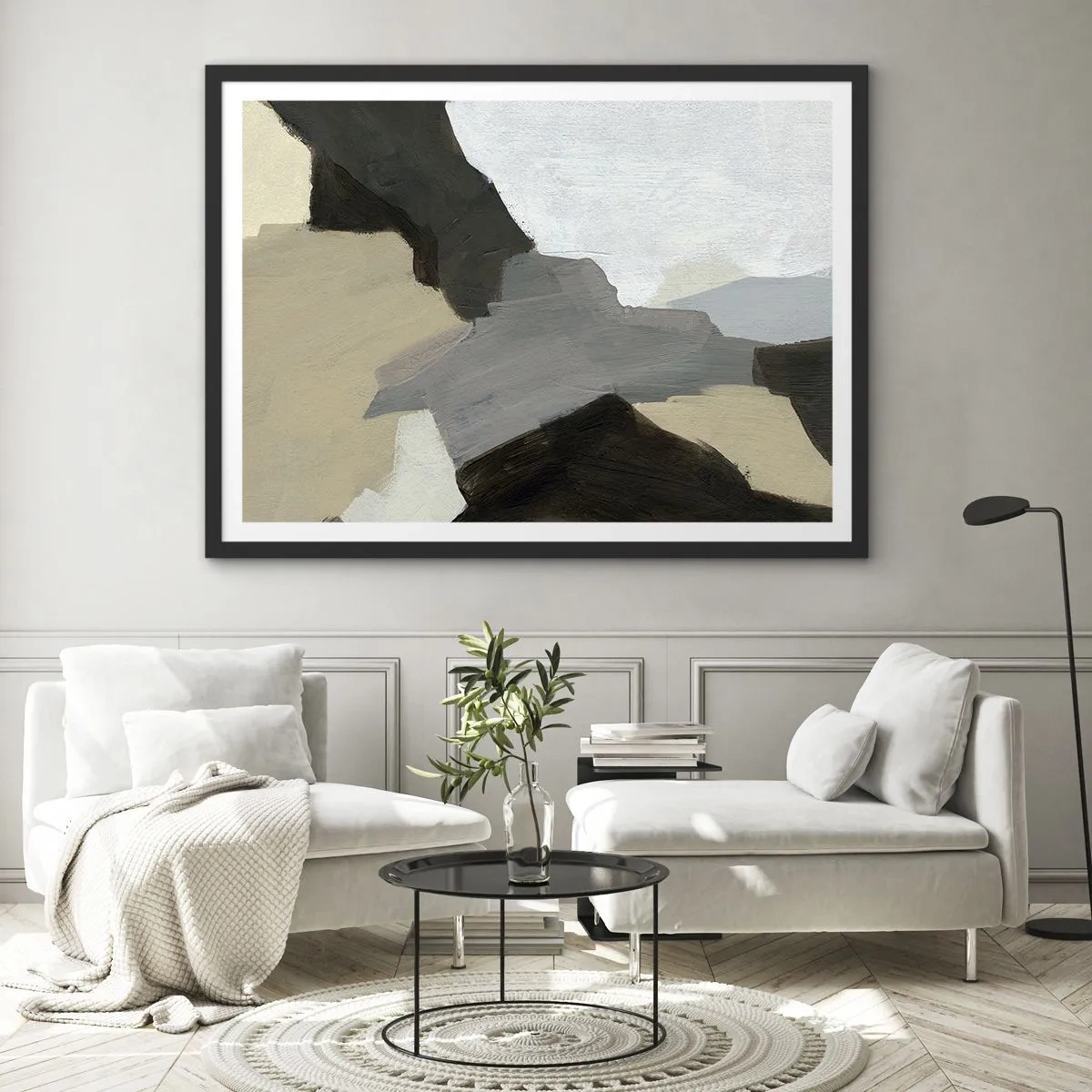 Plakat w czarnej ramie - Abstrakcyjne formy w odcieniach beżu, brązu i szarości - 70x50cm - Abstrakcja: rozstaje szarości - Nowoczesna dekoracja ścienna do salonu i sypialni ARTTOR