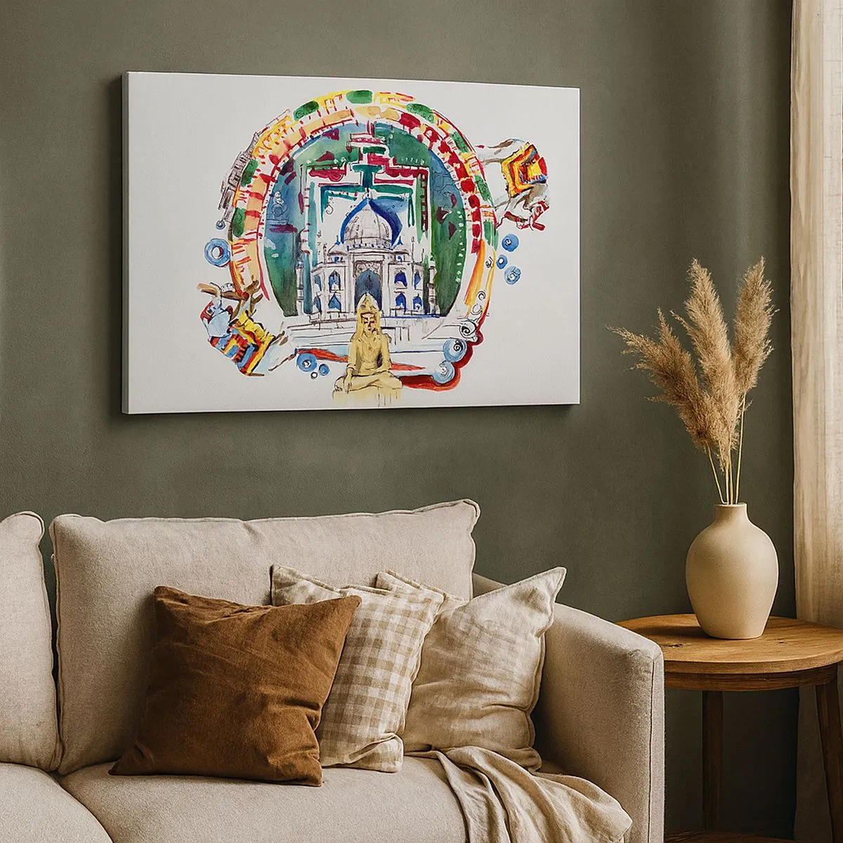 Obraz na płótnie - Kolorowa ilustracja z motywem architektury Indii - 70x50cm - Hinduska równowaga świata - Nowoczesna dekoracja ścienna do salonu i sypialni ARTTOR