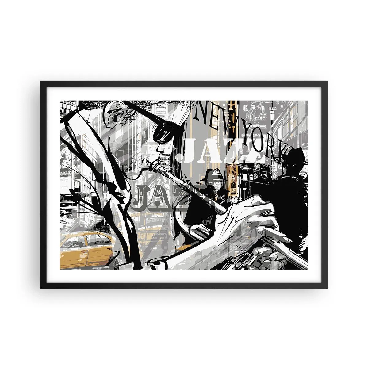Plakat w czarnej ramie - Jazzowa scena w Nowym Jorku - 70x50cm - W rytmie Nowego Jorku - Nowoczesna dekoracja ścienna do salonu i sypialni ARTTOR