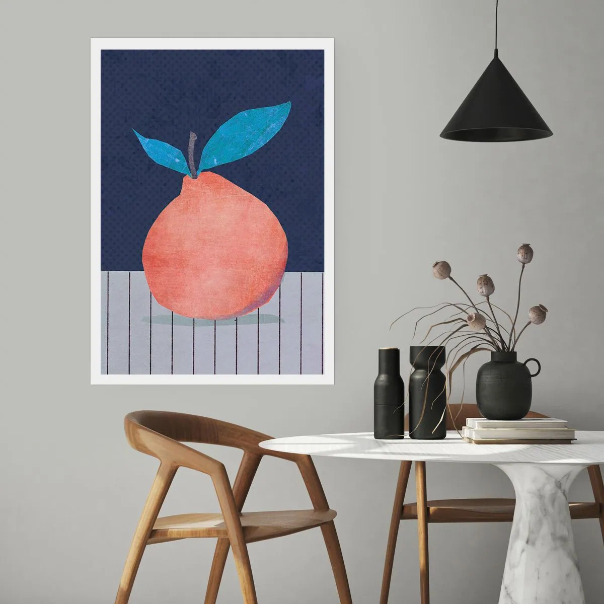 Plakat - Minimalistyczna ilustracja pomarańczy na granatowym tle - 50x70cm - Wypukłość i płaszczyzna - Nowoczesna dekoracja ścienna do salonu, kuchni i sypialni ARTTOR