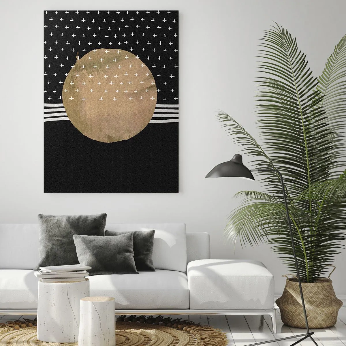 Obraz na szkle - Abstrakcyjny złoty okrąg na czarnym tle z geometrycznymi wzorami - 80x120cm - Kompozycja: flaga galaktyki - Nowoczesna dekoracja ścienna do salonu i sypialni ARTTOR