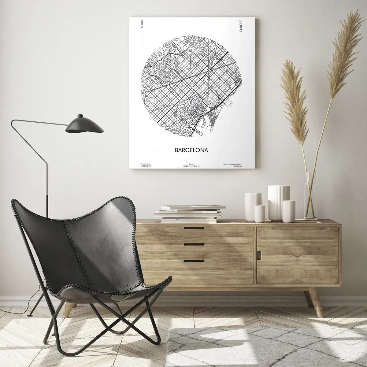 Obraz na szkle - Mapa Barcelony w minimalistycznym, czarno-białym stylu - 70x100cm - Anatomia Barcelony - Nowoczesna dekoracja ścienna do salonu i sypialni ARTTOR