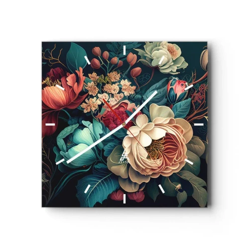 Zegar ścienny - Barwna kompozycja kwiatów na ciemnym tle - 30x30cm - XIX-wieczny czar - Nowoczesna dekoracja ścienna do salonu i sypialni ARTTOR