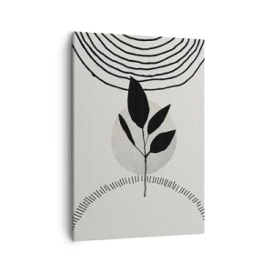 Obraz na płótnie - Minimalistyczna ilustracja rośliny z geometrycznymi elementami w czerni i bieli - 50x70cm - Kompozycja: rytuały natury - Nowoczesna dekoracja ścienna do salonu, kuchni i sypialni ARTTOR