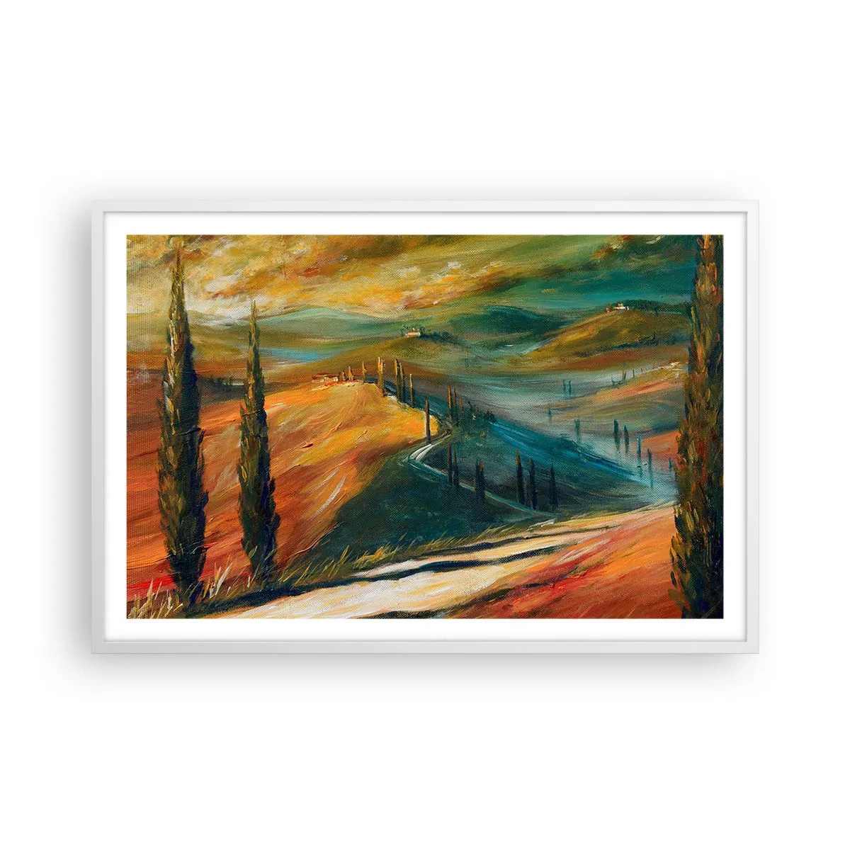 Plakat w białej ramie - Toskański pejzaż - 91x61 cm