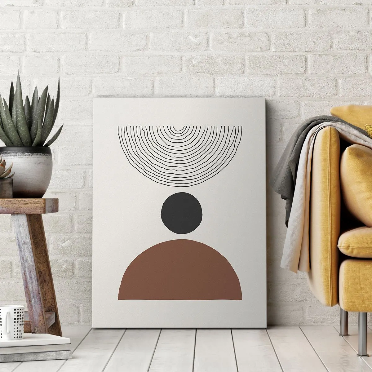 Obraz na płótnie - Abstrakcyjna kompozycja geometryczna z czarnym kołem, brązową półkulą i koncentrycznymi liniami na jasnym tle - 50x70cm - W centrum uwagi - Nowoczesna dekoracja ścienna do salonu, kuchni i sypialni ARTTOR