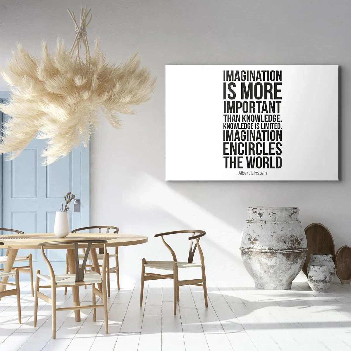 Obraz na płótnie - Inspirujący cytat na białym tle w czarnej czcionce - 70x50cm - Einstein o mocy wyobraźni - Nowoczesna dekoracja ścienna do salonu i sypialni ARTTOR