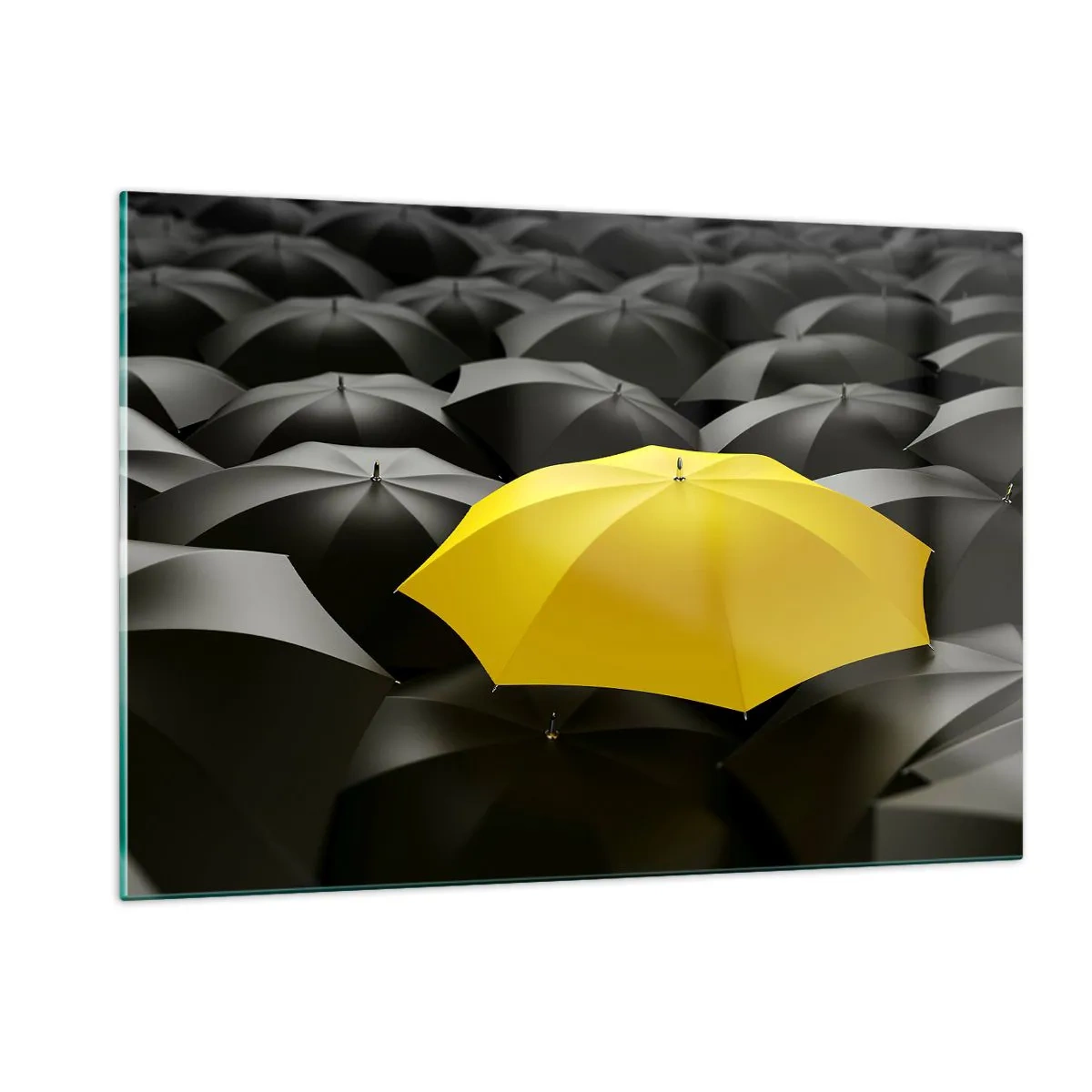 Obraz na szkle - Żółty parasol wyróżniający się wśród czarnych - 120x80cm - Żegnaj smutku - Nowoczesna dekoracja ścienna do salonu, kuchni i sypialni ARTTOR