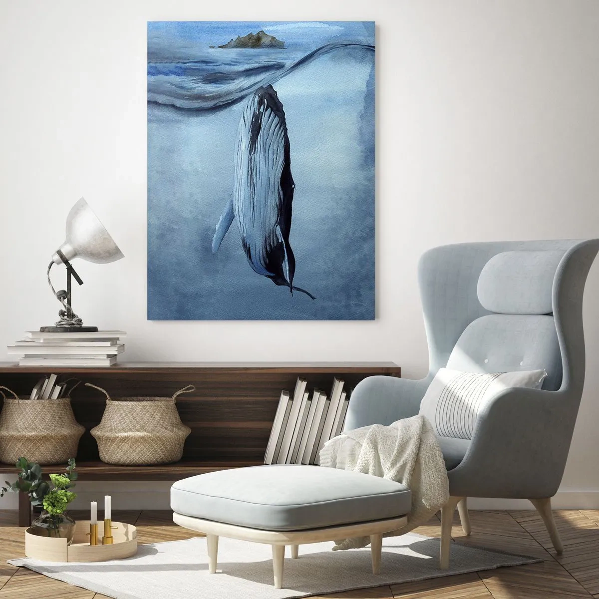 Obraz na szkle - Wieloryb wynurzający się spod tafli wody, akwarela - 80x120cm - Dwa światy północy - Nowoczesna dekoracja ścienna do salonu i sypialni ARTTOR