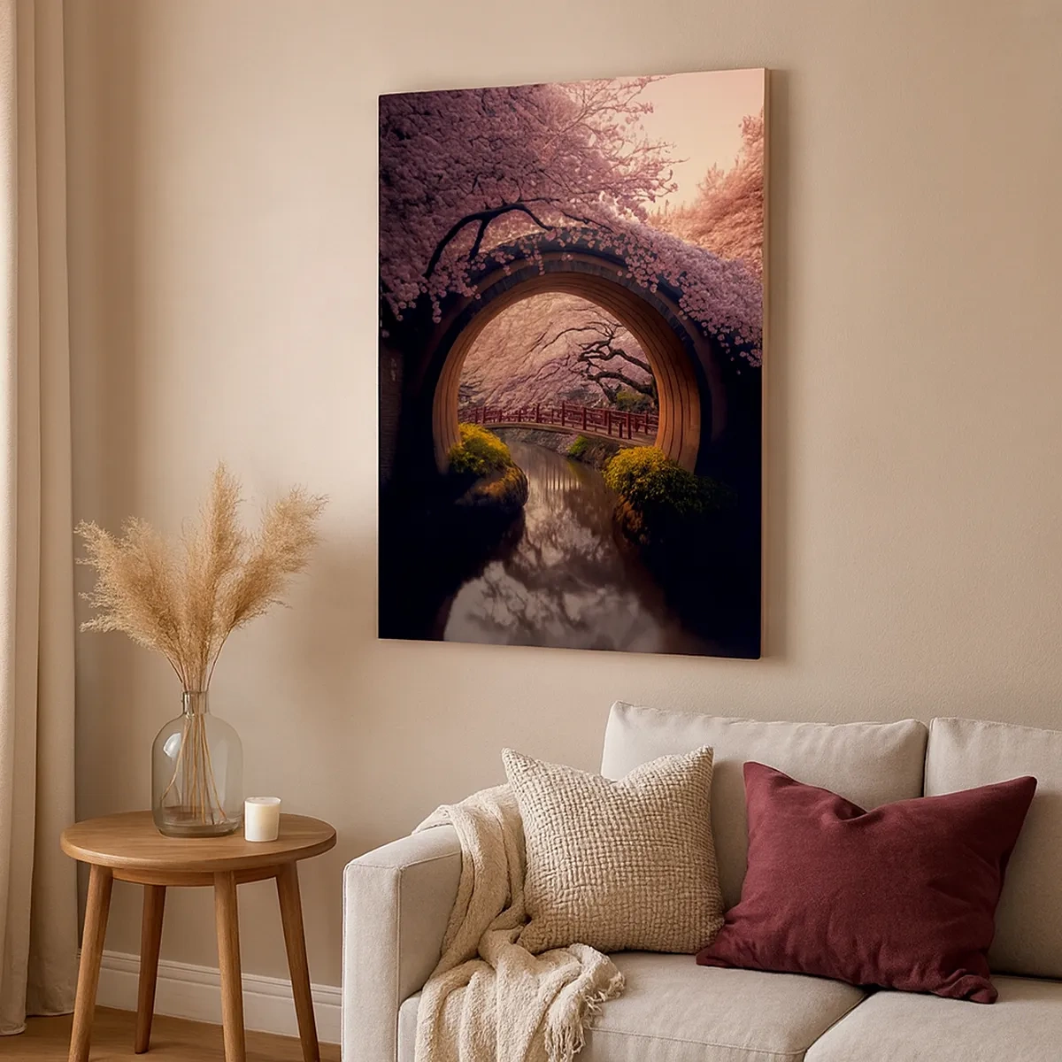 Obraz na płótnie - Okrągły most i kanał otoczone kwitnącymi wiśniami w Japonii - 50x70cm - Japońska wiosna - Nowoczesna dekoracja ścienna do salonu, kuchni i sypialni ARTTOR