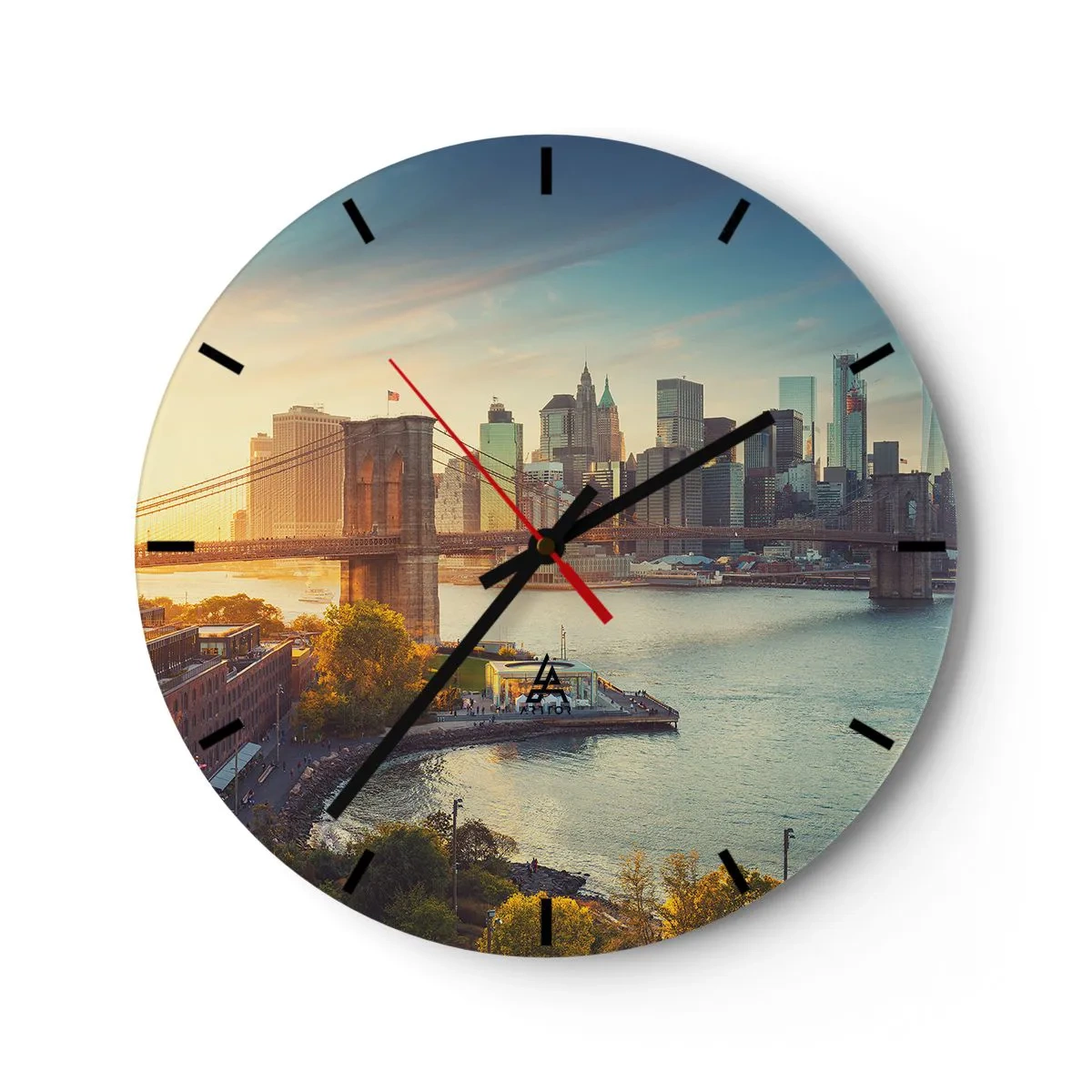 Zegar ścienny - Widok na most Brooklyn i panoramę miasta o zachodzie słońca - 30x30cm - Wielkomiejski świt - Nowoczesna dekoracja ścienna do salonu, kuchni i sypialni ARTTOR