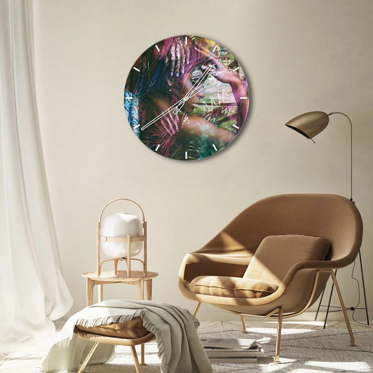 Zegar ścienny - Portret kobiety z elementami natury i kolorowymi liśćmi w tle - 30x30cm - Matka Natura w dżungli - Nowoczesna dekoracja ścienna do salonu, kuchni i sypialni ARTTOR