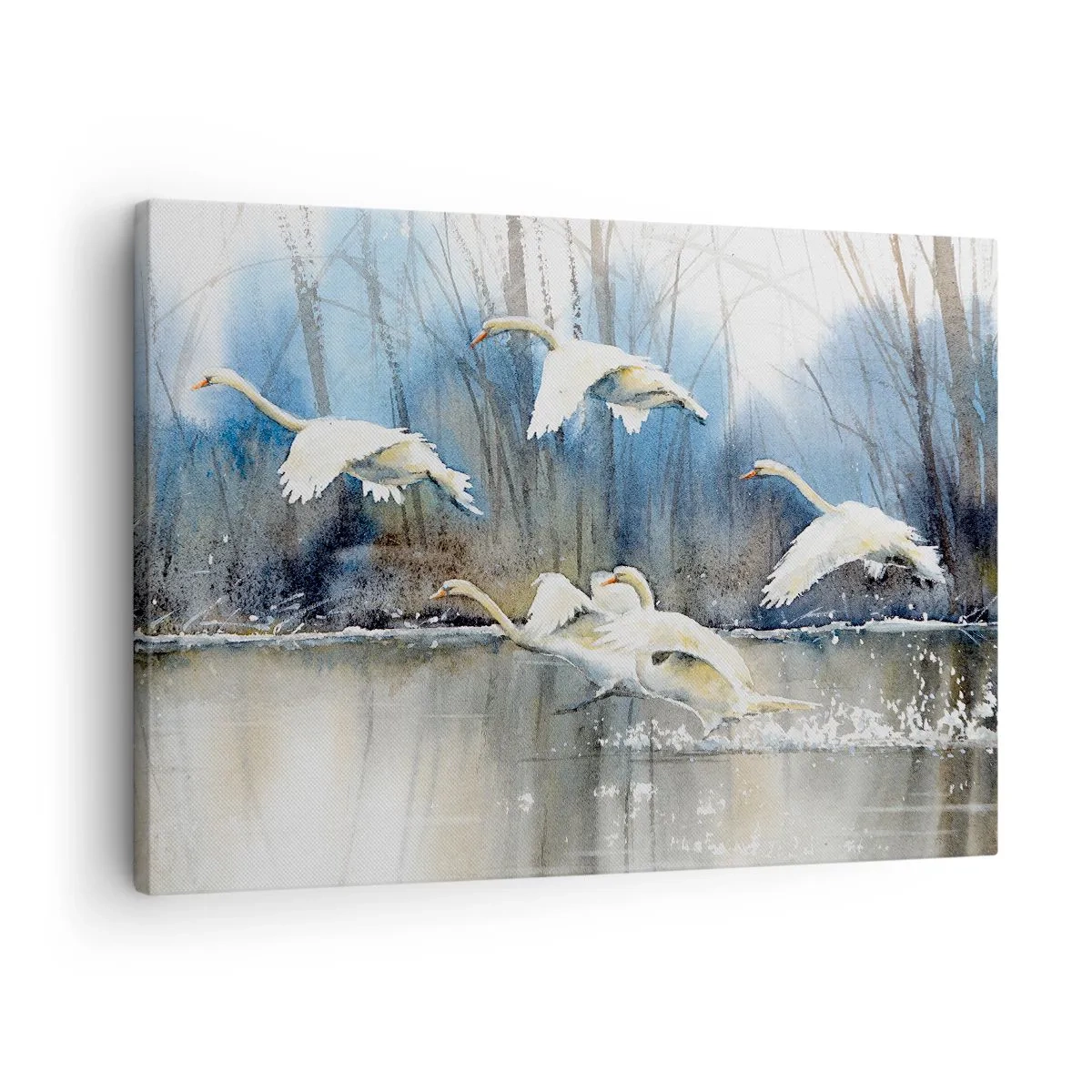 Obraz na płótnie - Łabędzie w locie nad zamarzniętym jeziorem w zimowym krajobrazie - 70x50cm - Jak w baśni o dzikich łabędziach - Nowoczesna dekoracja ścienna do salonu i sypialni ARTTOR