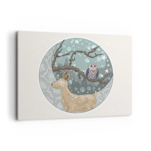 Obraz na płótnie - Jeleń i sowa w bajkowym krajobrazie nocnym - 100x70cm - Bajkowa, leśna noc - Nowoczesna dekoracja ścienna do salonu, kuchni i sypialni ARTTOR
