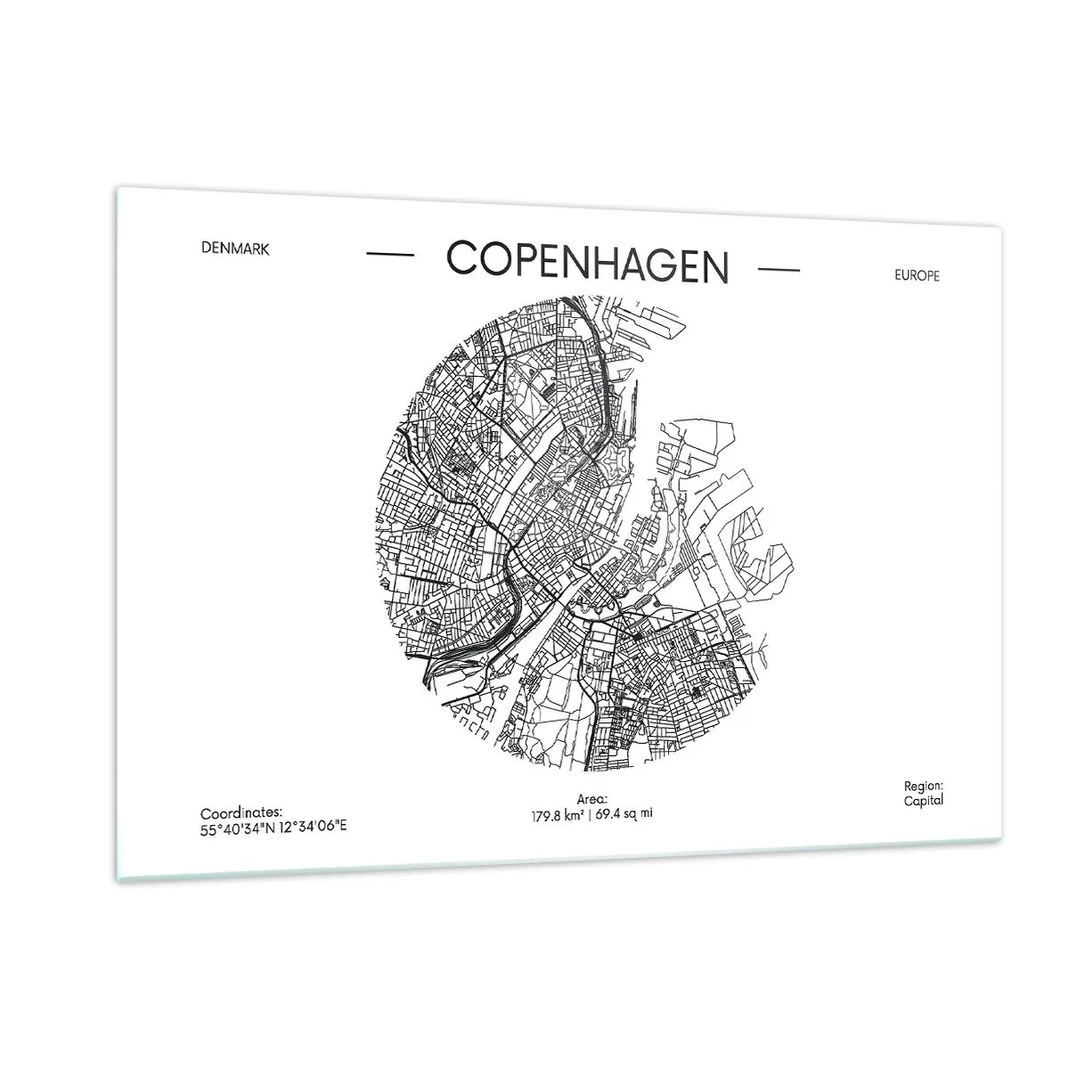 Obraz na szkle - Mapa Kopenhagi w formie graficznego szkicu ulicznego - 120x80cm - Anatomia Kopenhagi - Nowoczesna dekoracja ścienna do salonu, kuchni i sypialni ARTTOR