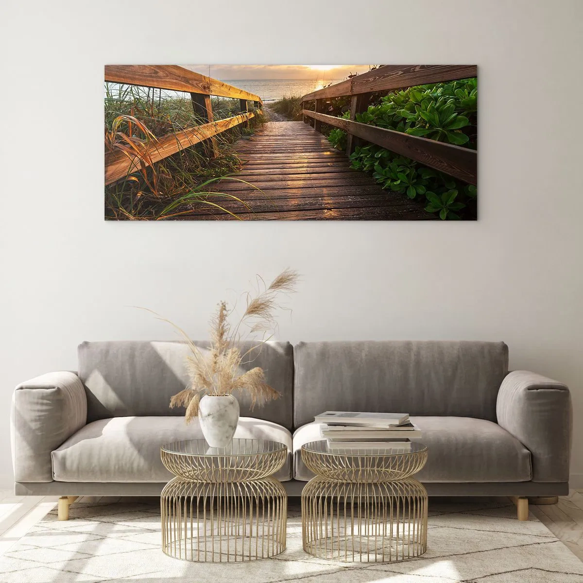 Obraz na szkle - Drewniany pomost prowadzący na plażę o zachodzie słońca - 140x50cm - I wprost nad brzeg - Nowoczesna dekoracja ścienna do salonu i sypialni ARTTOR