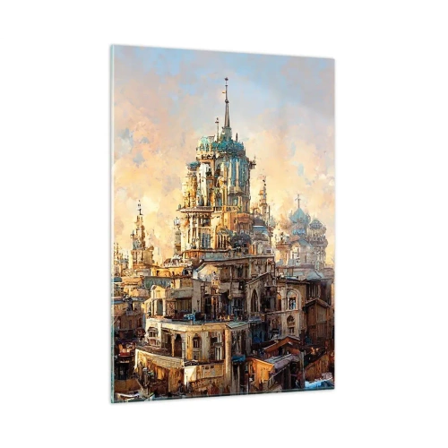 Obraz na szkle - Fantazyjna panorama miasta z wieżami i pałacami - 50x70cm - Miasto miast - Nowoczesna dekoracja ścienna do salonu, kuchni i sypialni ARTTOR