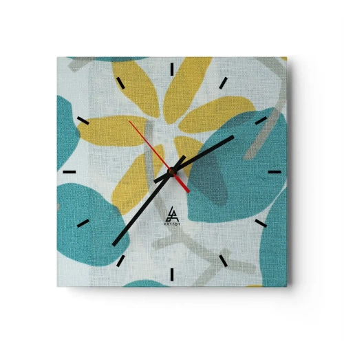 Zegar ścienny - Liście w odcieniach turkusu i żółci na jasnym tle - 30x30cm - Wśród lazurowych liści - Nowoczesna dekoracja ścienna do salonu i sypialni ARTTOR