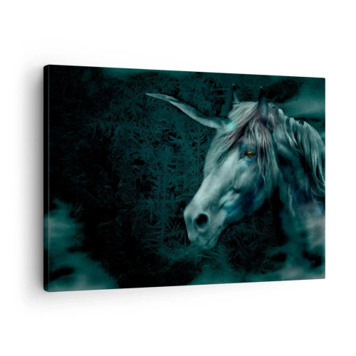 Obraz na płótnie - Magiczny jednorożec w tajemniczym, ciemnym lesie o fantazyjnych barwach. - 70x50cm - W baśniowym lesie - Nowoczesna dekoracja ścienna do salonu i sypialni ARTTOR