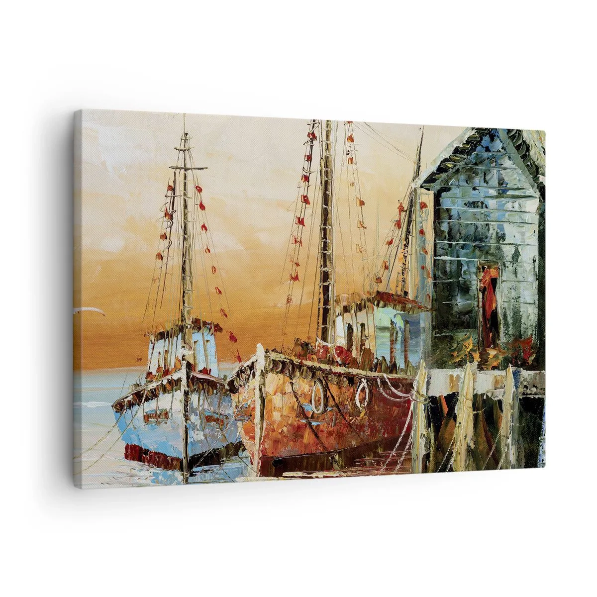 Obraz na płótnie - Łodzie przy brzegu w ciepłym świetle zachodu słońca - 70x50cm - Spokojny powrót - Nowoczesna dekoracja ścienna do salonu i sypialni ARTTOR