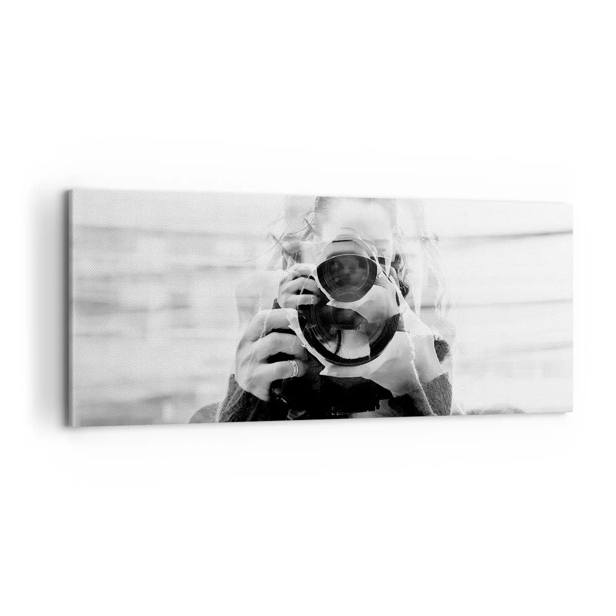 Obraz na płótnie - Czarno-biały portret fotografa z podwójną ekspozycją - 120x50cm - Twórca i tworzywo - Nowoczesna dekoracja ścienna do salonu i sypialni ARTTOR