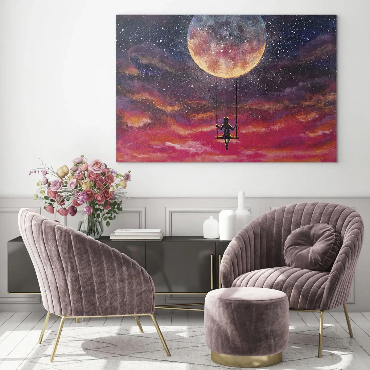 Obraz na szkle - Dziewczynka na huśtawce zawieszonej pod księżycem - 70x50cm - Bujać w obłokach - Nowoczesna dekoracja ścienna do salonu i sypialni ARTTOR